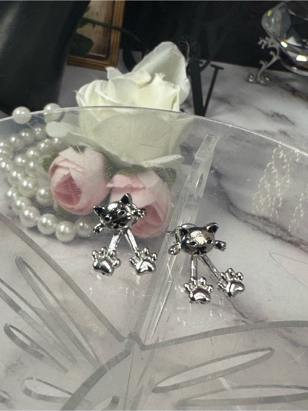 Kids Silver Cat Paw Dangle Earrings - Cute Animal Studs